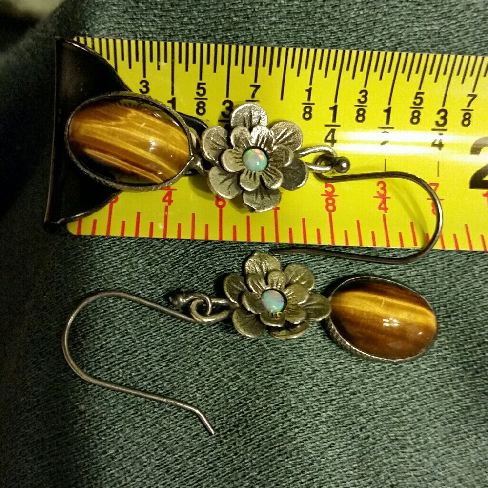 .925 Silver Flower Oval Tigers Eye Hook Earrings - Picture 4 of 6